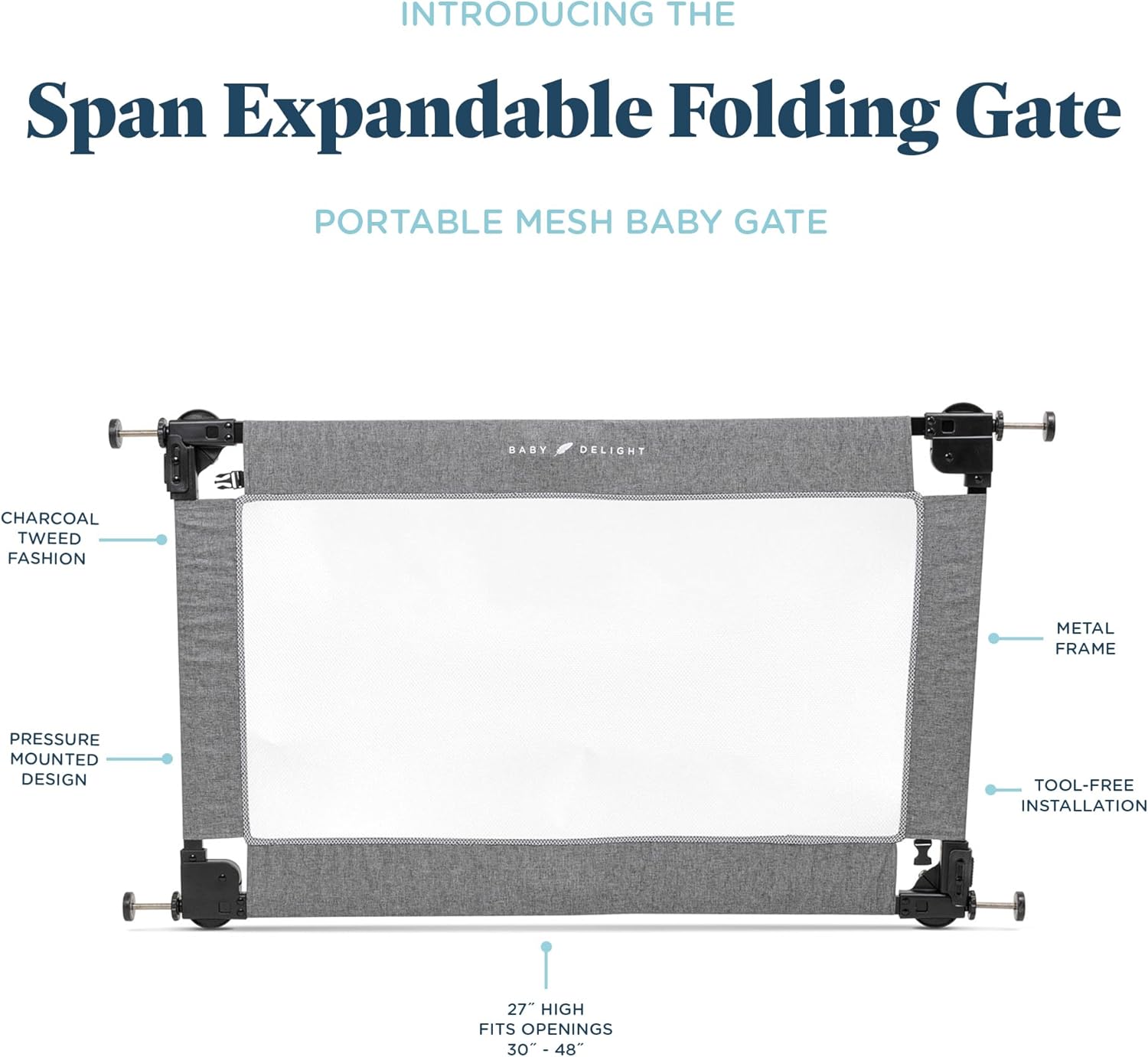 Baby Delight Go with Me Portable Mesh Baby Gate | Span 30-48 Expandable Folding Gate | Pressure Mounted | Charcoal Tweed